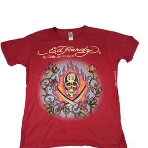 Ed Hardy Christian Audigier Shirt L Red Flame Skull Sword T-Shirt Y2K Tattoo USA